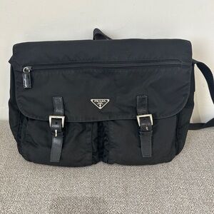 Authentic Prada Nylon messenger bag with flap closure and 2 outside pockets
